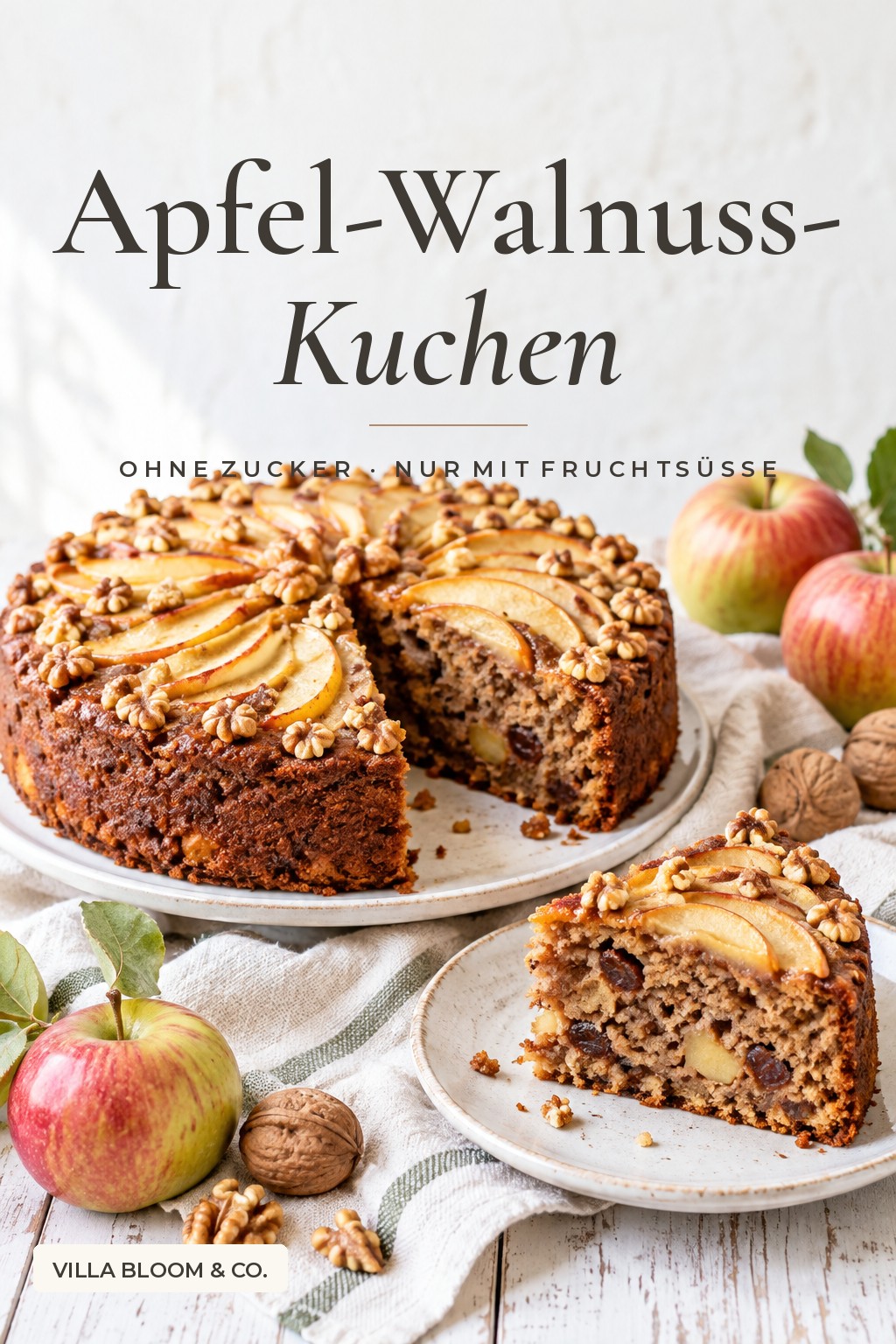 Apfel-Walnuss-Kuchen ohne Zucker mit Apfelspalten und Walnüssen – Rezept nur mit Fruchtsüße