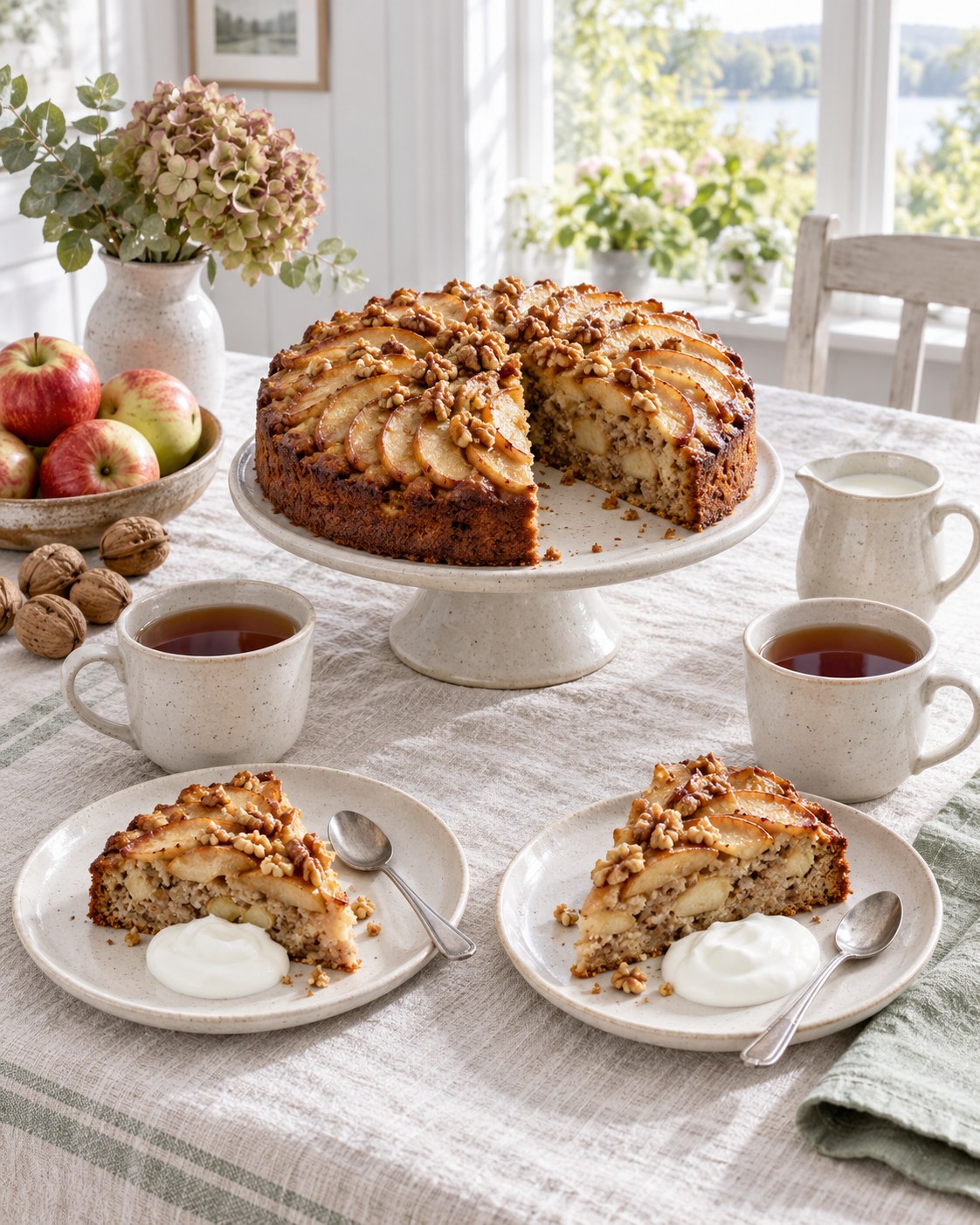 Angeschnittener Apfel-Walnuss-Kuchen auf einem Kuchenteller mit zwei Tellern, Teetassen und einem Schälchen Joghurt auf einem hellen Leinentuch am Fenster