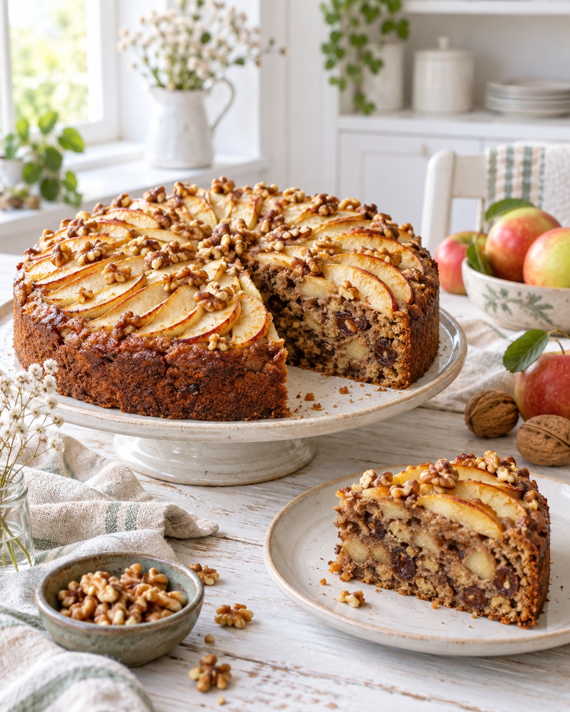 Apfel-Walnuss-Kuchen auf einem hellen Holztisch im Tageslicht, Oberfläche mit Apfelspalten im Kreis und gehackten Walnüssen, ein Stück angeschnitten