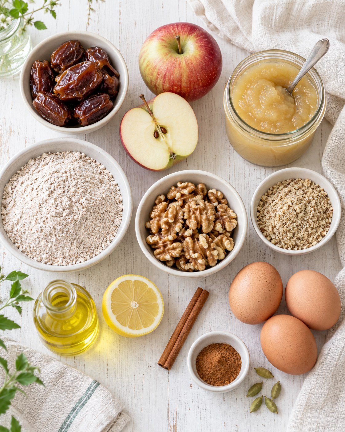 Zutaten für den zuckerfreien Apfel-Walnuss-Kuchen auf hellem Holz: Datteln, Äpfel, Apfelmus im Glas, Walnüsse, Dinkelvollkornmehl, Eier, Rapsöl, Zimt