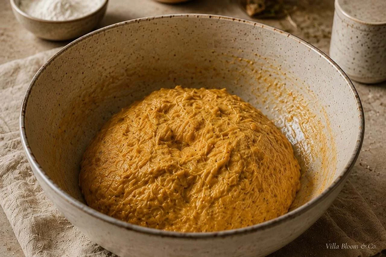 Weicher, orangefarbener Focaccia-Teig in einer Steingutschüssel