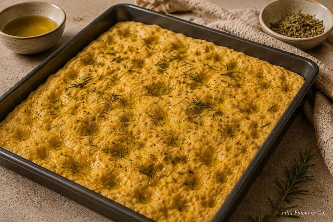 Focaccia-Teig mit tiefen Öl-Dellen, Rosmarinnadeln und Fenchelsaat