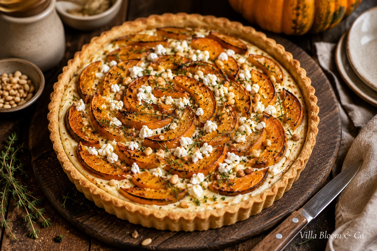 Kürbis-Tarte mit Ziegenkäse und Thymian auf einem Holzbrett