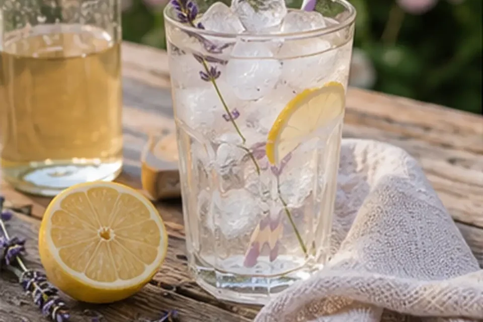 Lavendelsirup mit Eis, Zitrone und Lavendelblüten im Glas