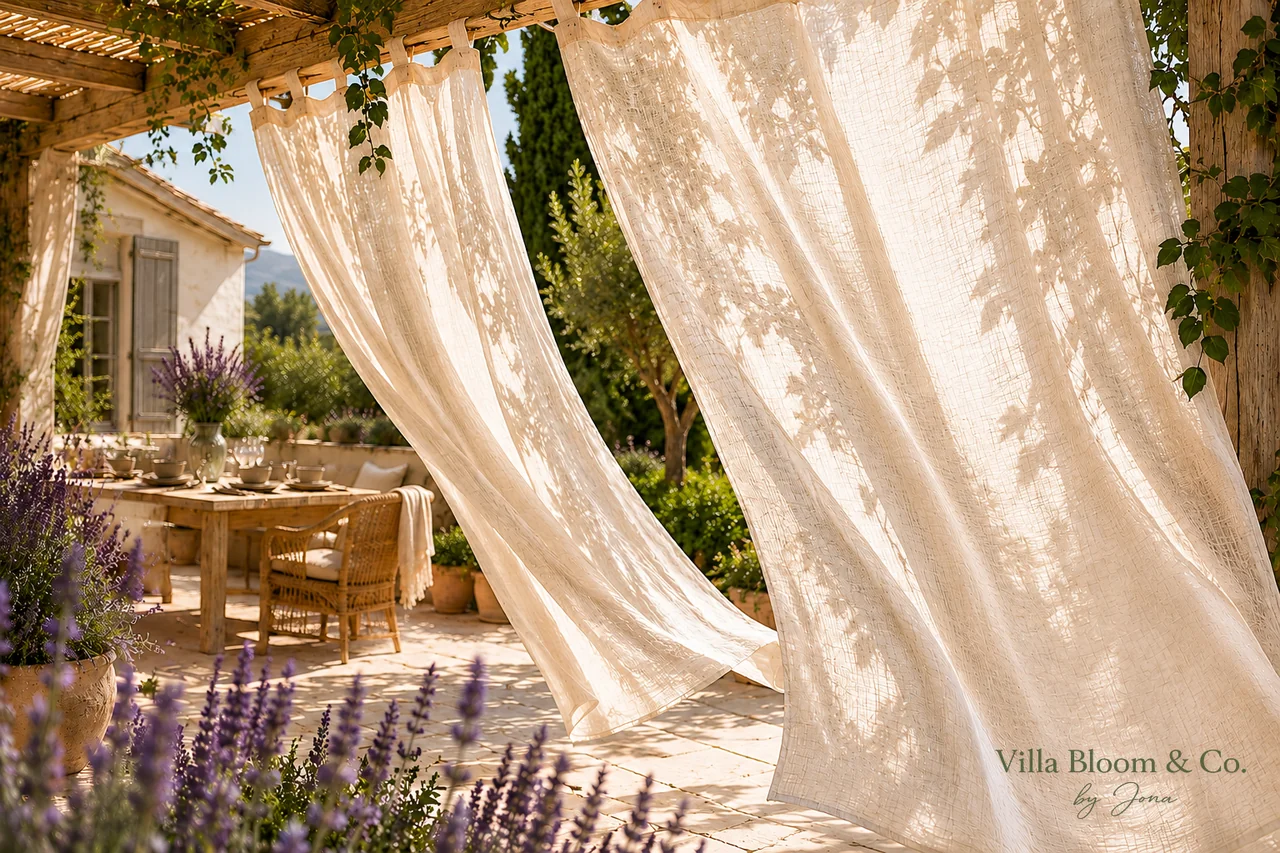 Cream linen curtains swaying under a wooden pergola in the summer wind, with a set summer table and blooming lavender in Provence style