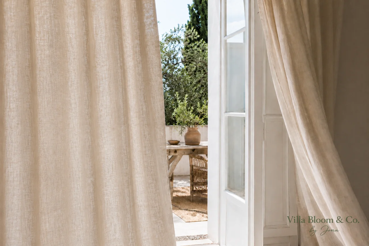 Summer linen curtains in front of an open terrace door with olive tree