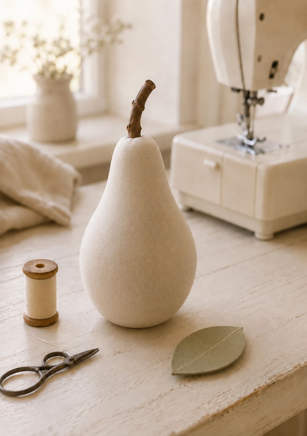 Fertige Leinenbirne in Creme mit Wollfilzblatt neben einer Keramikschale und einer Garnrolle