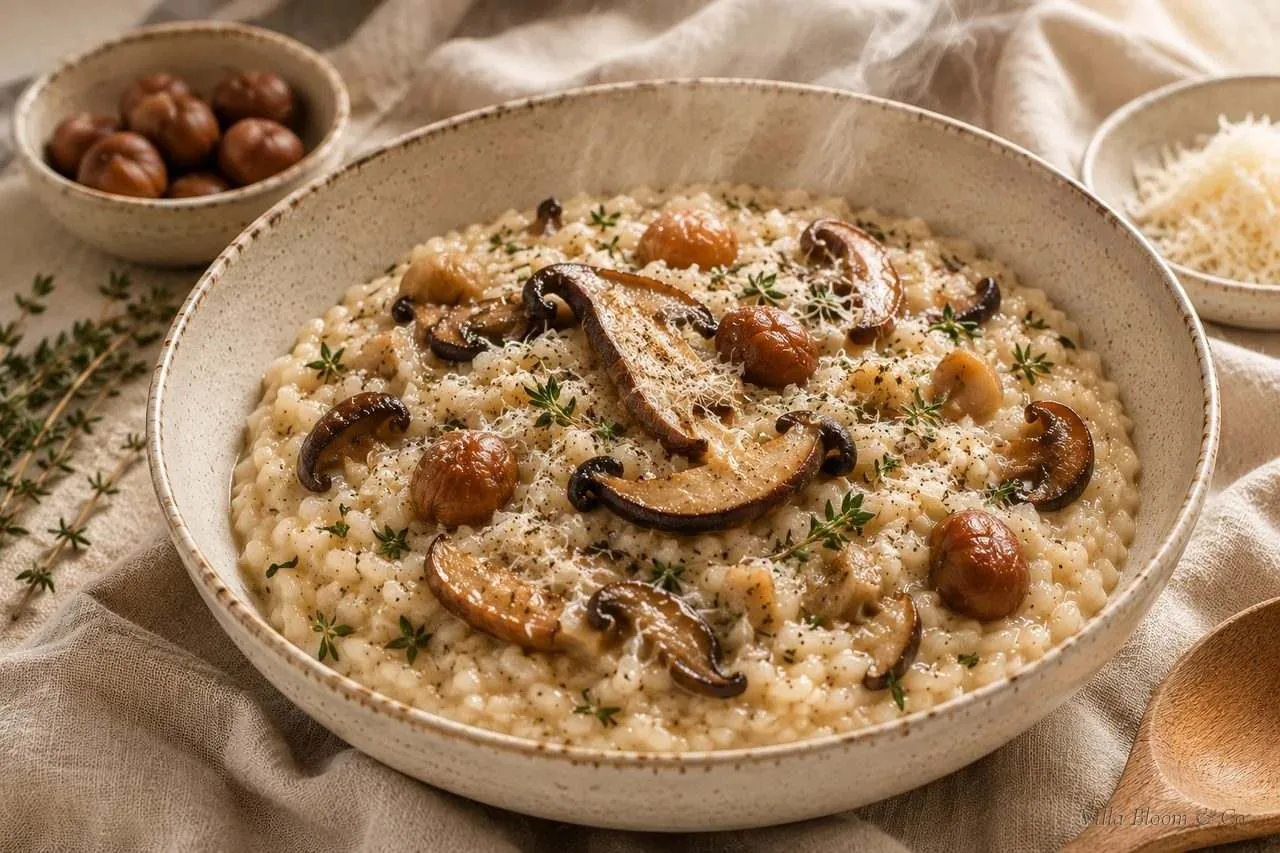 Cremiges Maronen-Risotto mit gebratenen Steinpilzscheiben, ganzen Maronen und Thymian in einer Steingutschale
