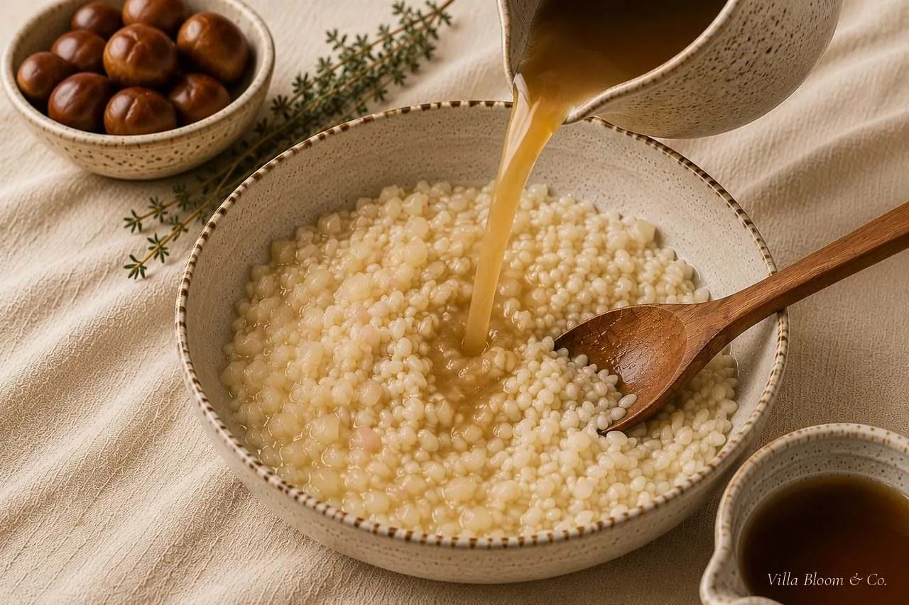 Heiße Brühe wird kellenweise zum Risotto gegossen