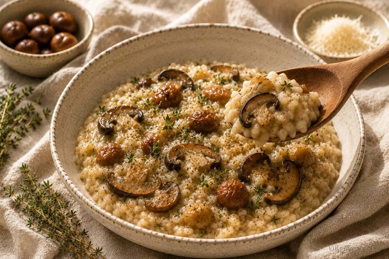 Fertiges Maronen-Risotto mit Steinpilzen und Thymian in einer Steingutschale
