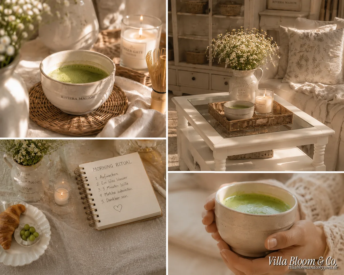 My matcha morning ritual – Collage: Matcha-Schale, Couchtisch, Morgenritual und Hände um die Schale