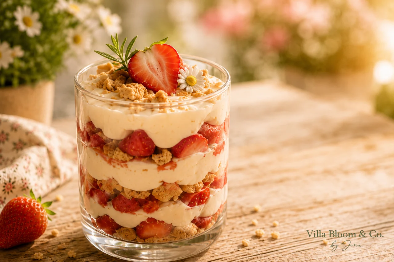 No-bake strawberry dessert in a vintage glass