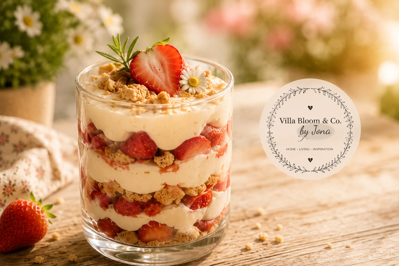 Glass being assembled – layers of biscuit crumbs, mascarpone cream and fresh strawberries during layering