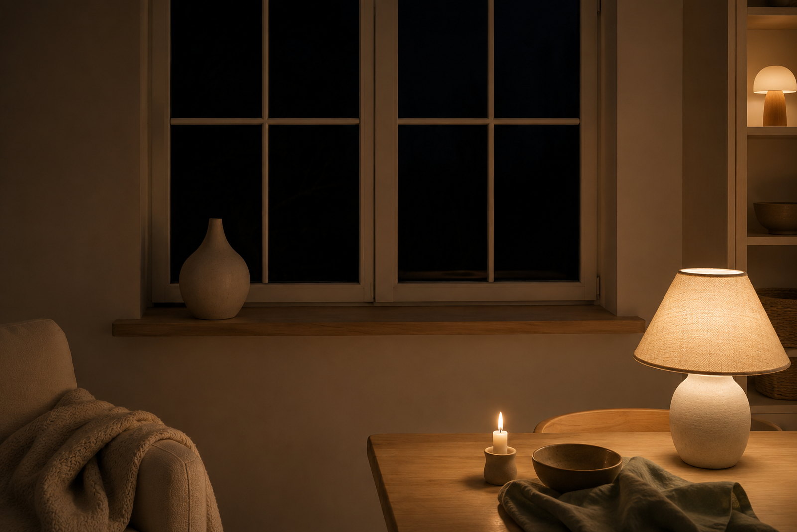 Wohnraum am Abend mit drei kleinen warmen Lichtquellen, Deckenlicht aus