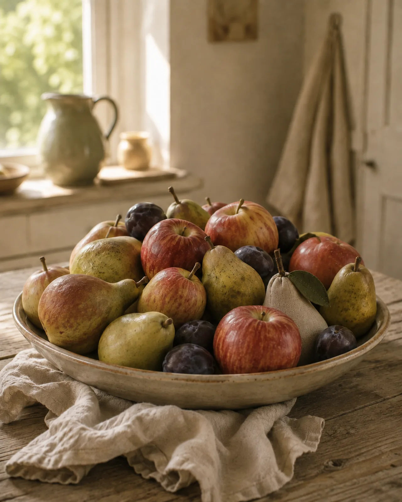 Obstschale mit &Auml;pfeln, Birnen und einer Stoffbirne aus Leinen