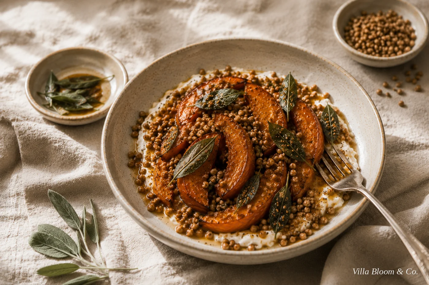 Herbstliche Bowl von oben: geröstete Kürbisspalten auf Ricotta mit braunem Salbei und geröstetem Buchweizen auf Cremeleinen