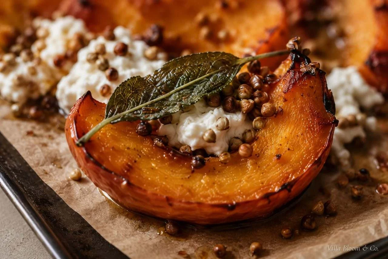 Ofen-Kürbis mit brauner Salbeibutter – geröstete Hokkaido-Spalte mit Ricotta, knusprigem Salbei und Haselnüssen