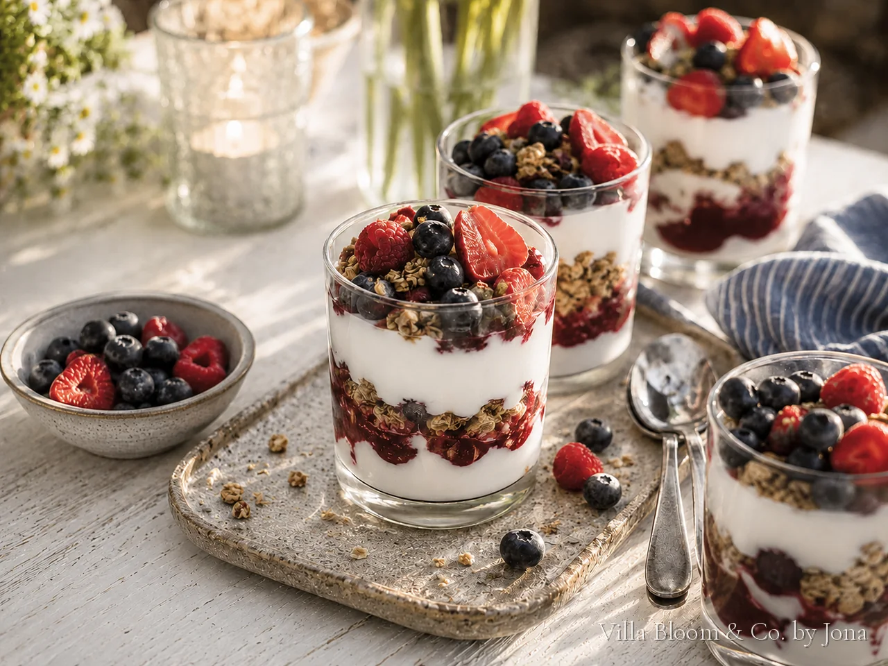 Beeren mit Vanille-Joghurt und Knuspermüsli im Glas geschichtet, mit Erdbeeren und Heidelbeeren