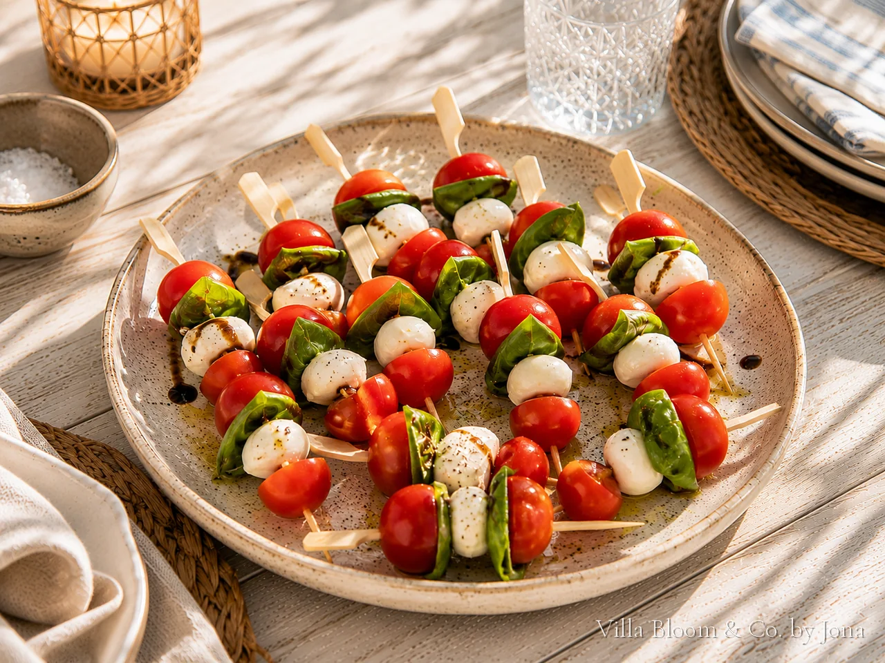 Caprese-Spieße mit Kirschtomaten, Mini-Mozzarella und Basilikum auf einem Teller, beträufelt mit Balsamico