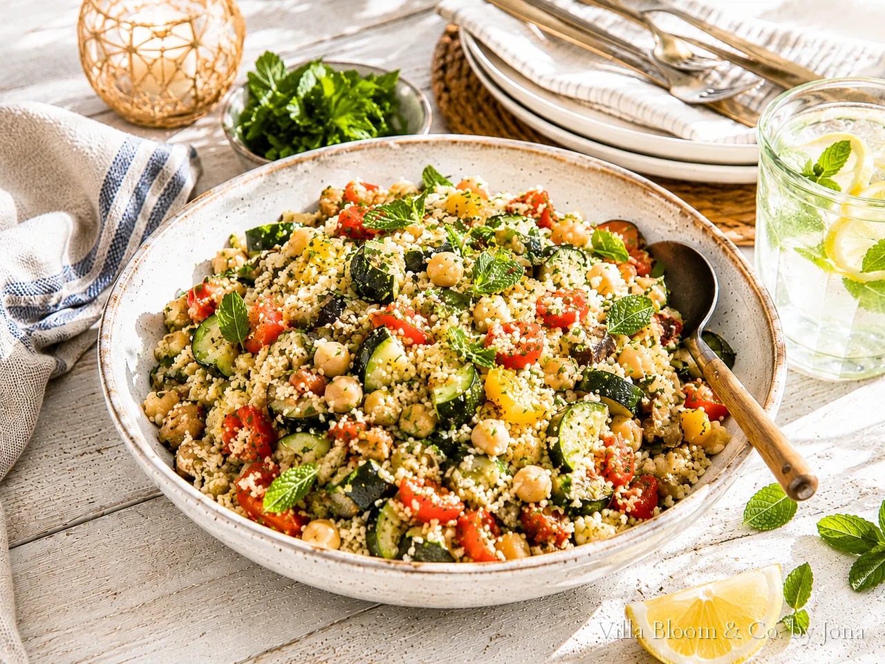Bunter Couscous-Salat mit Ofengemüse, Zucchini, Kichererbsen, Tomaten und Minze
