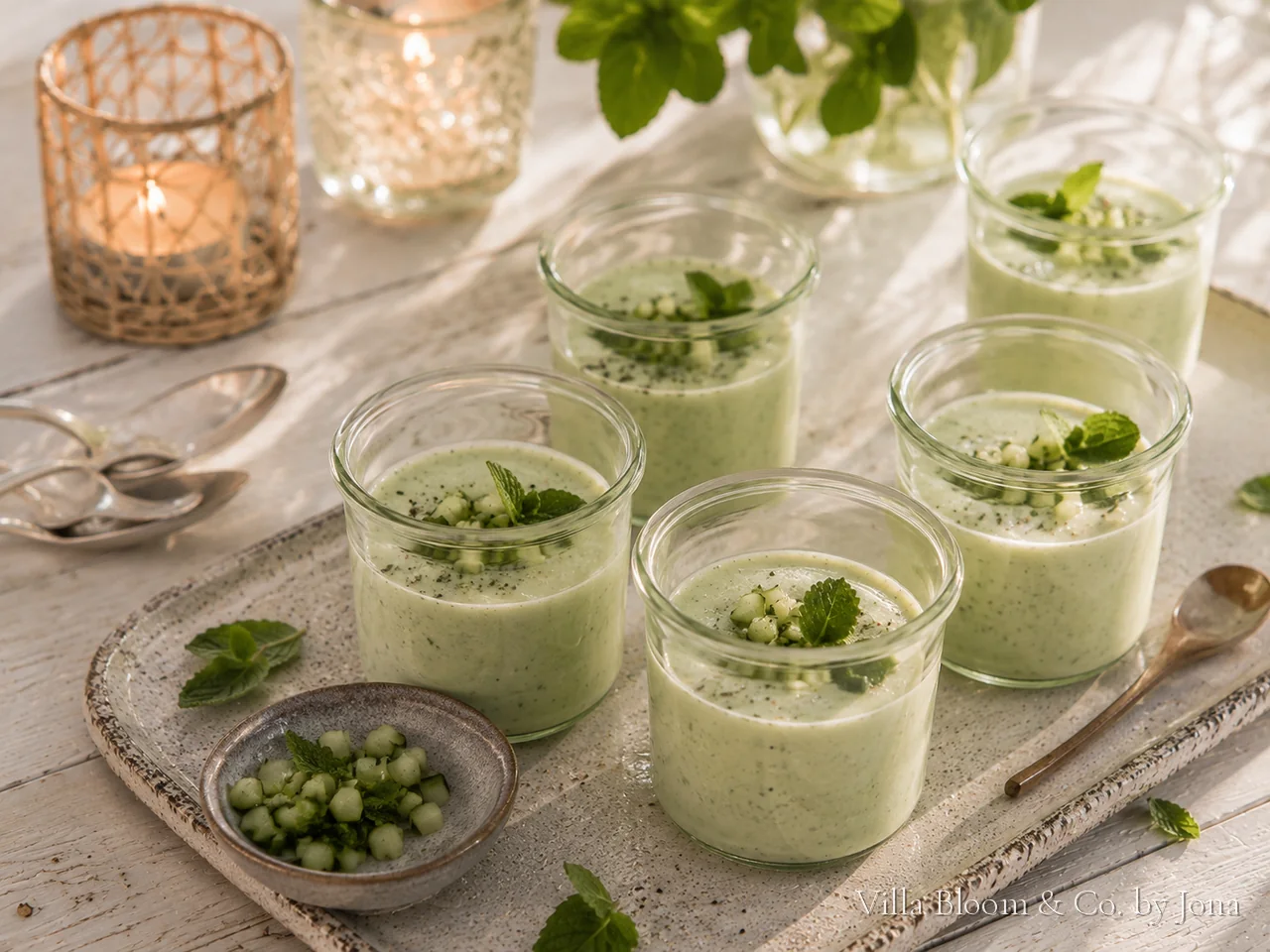 Kalte Gurken-Minz-Suppe in kleinen Gläsern mit Minze und Gurkenwürfeln im warmen Sommerlicht