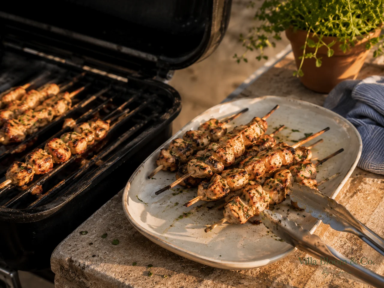 Gegrillte Zitronen-Hähnchenspieße auf einem Teller neben dem Grill, mit frischen Kräutern bestreut
