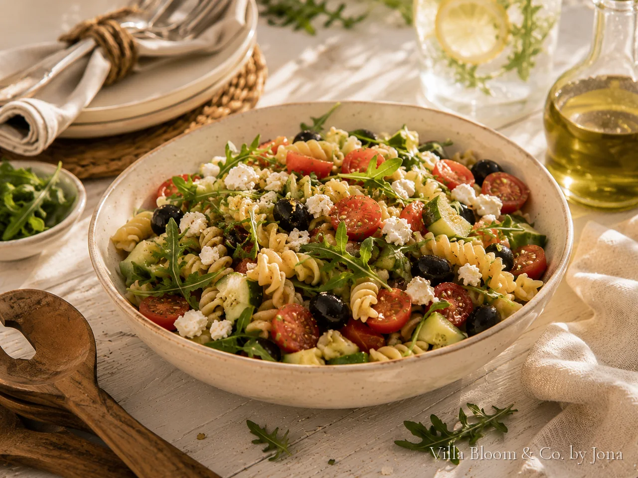 Sommerlicher Nudelsalat mit Kirschtomaten, Oliven, Feta und Rucola in einer hellen Schüssel
