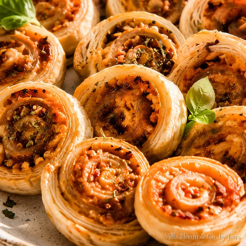 Blätterteig-Schnecken mit Tomate und Kräutern aus der Nähe