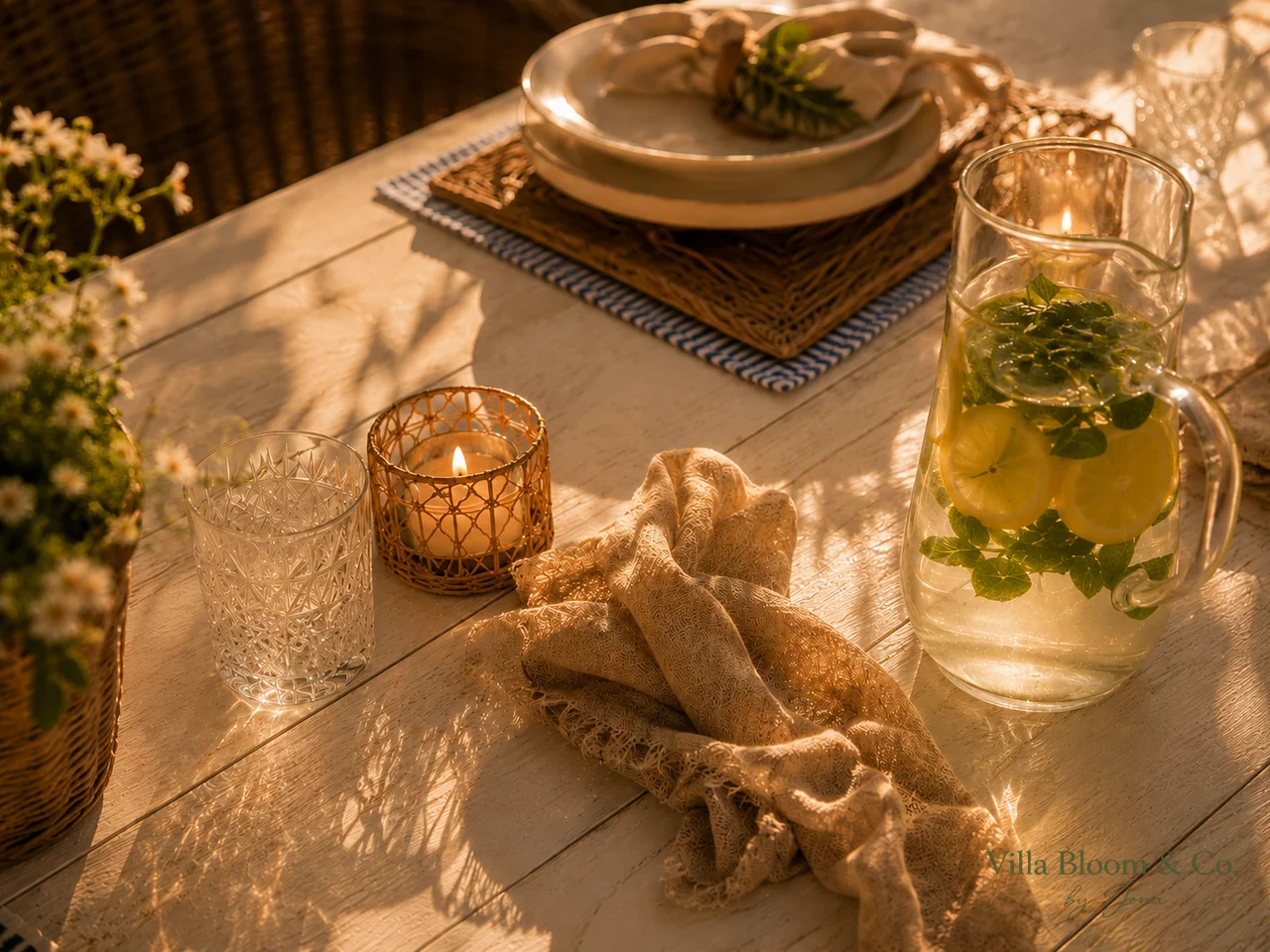 Sommerlich gedeckter Platz mit Leinenserviette, Kerze und einer Karaffe Wasser mit Zitrone und Minze im Abendlicht
