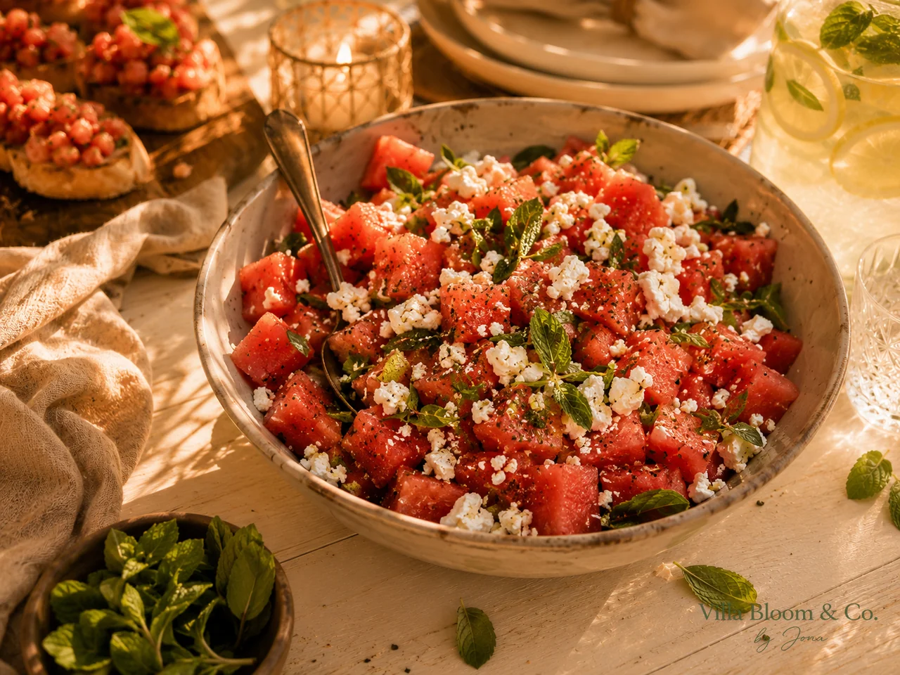 Wassermelonen-Feta-Salat mit Minze in einer Schale, daneben Kerzenlicht und Zitronenwasser auf einer sommerlichen Tafel
