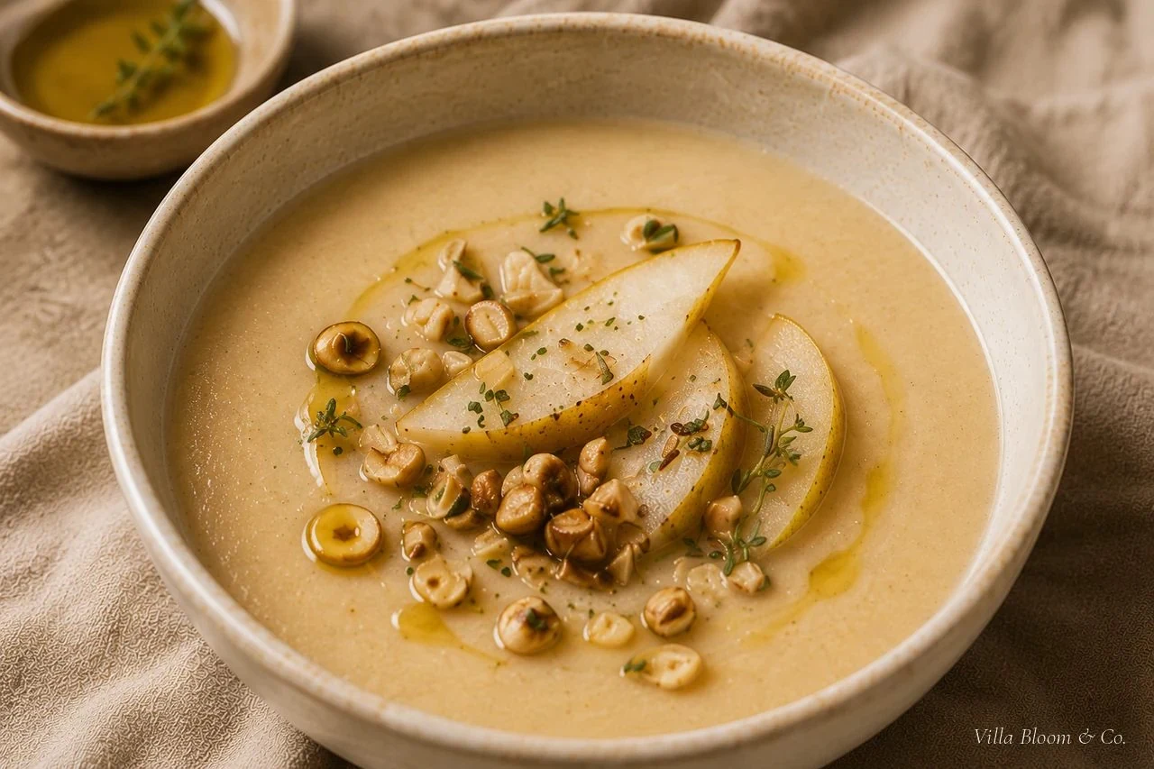 Ein paar Tropfen Haselnussöl werden über die fertige Suppe gegeben