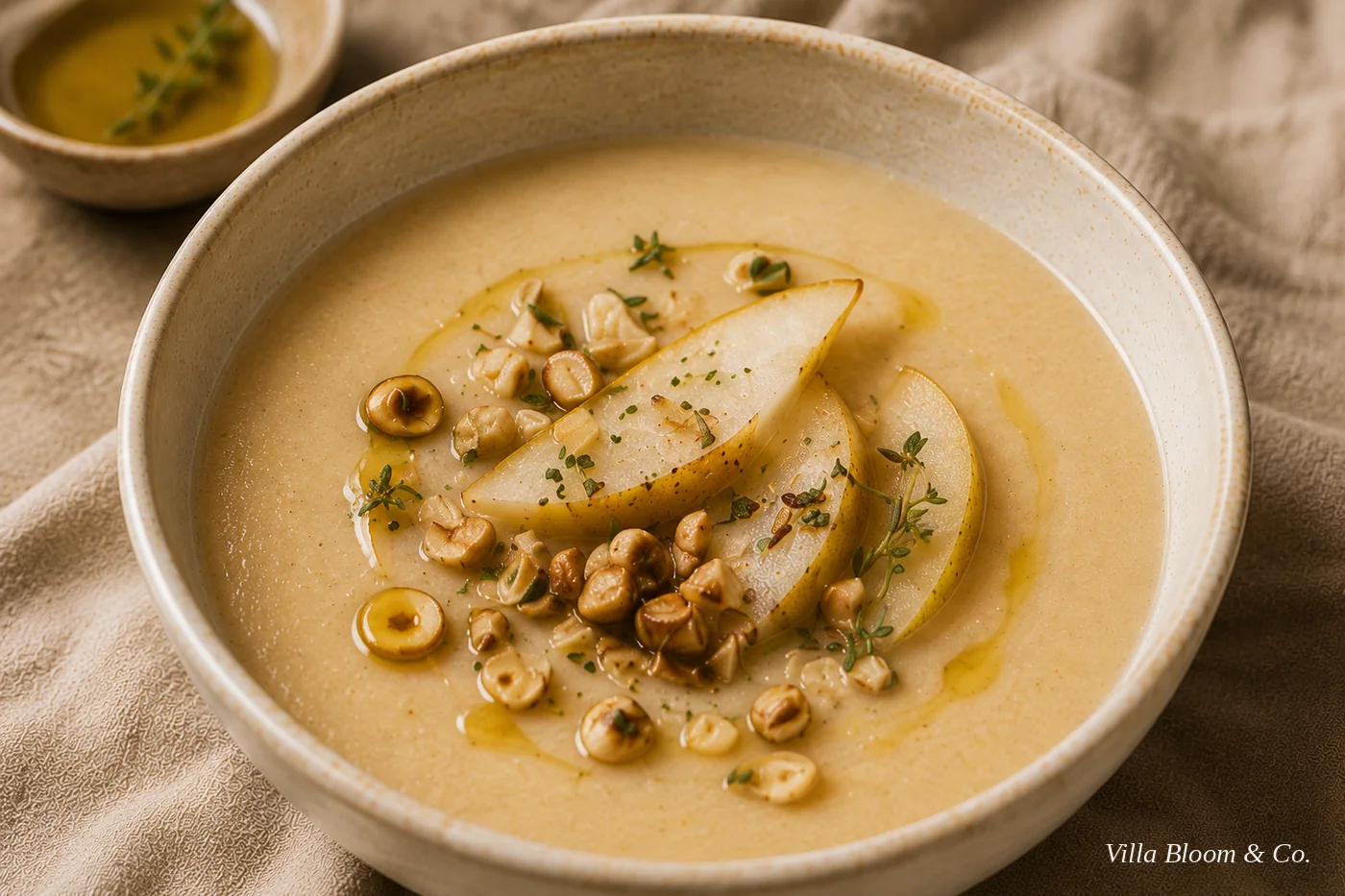 Geröstete Pastinaken-Birnen-Suppe in einer Steingutschale, mit Birnenspalten, gerösteten Haselnüssen, Thymian und einem Faden Haselnussöl