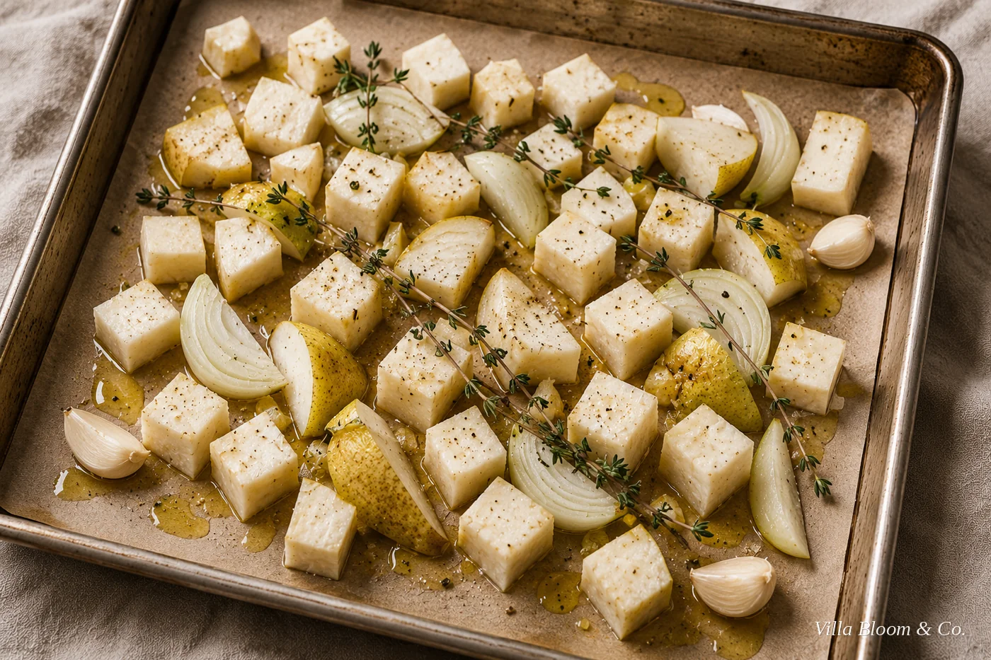 Rohe Pastinakenwürfel, Birnenspalten, Zwiebel und Knoblauch mit Thymian auf einem Backblech