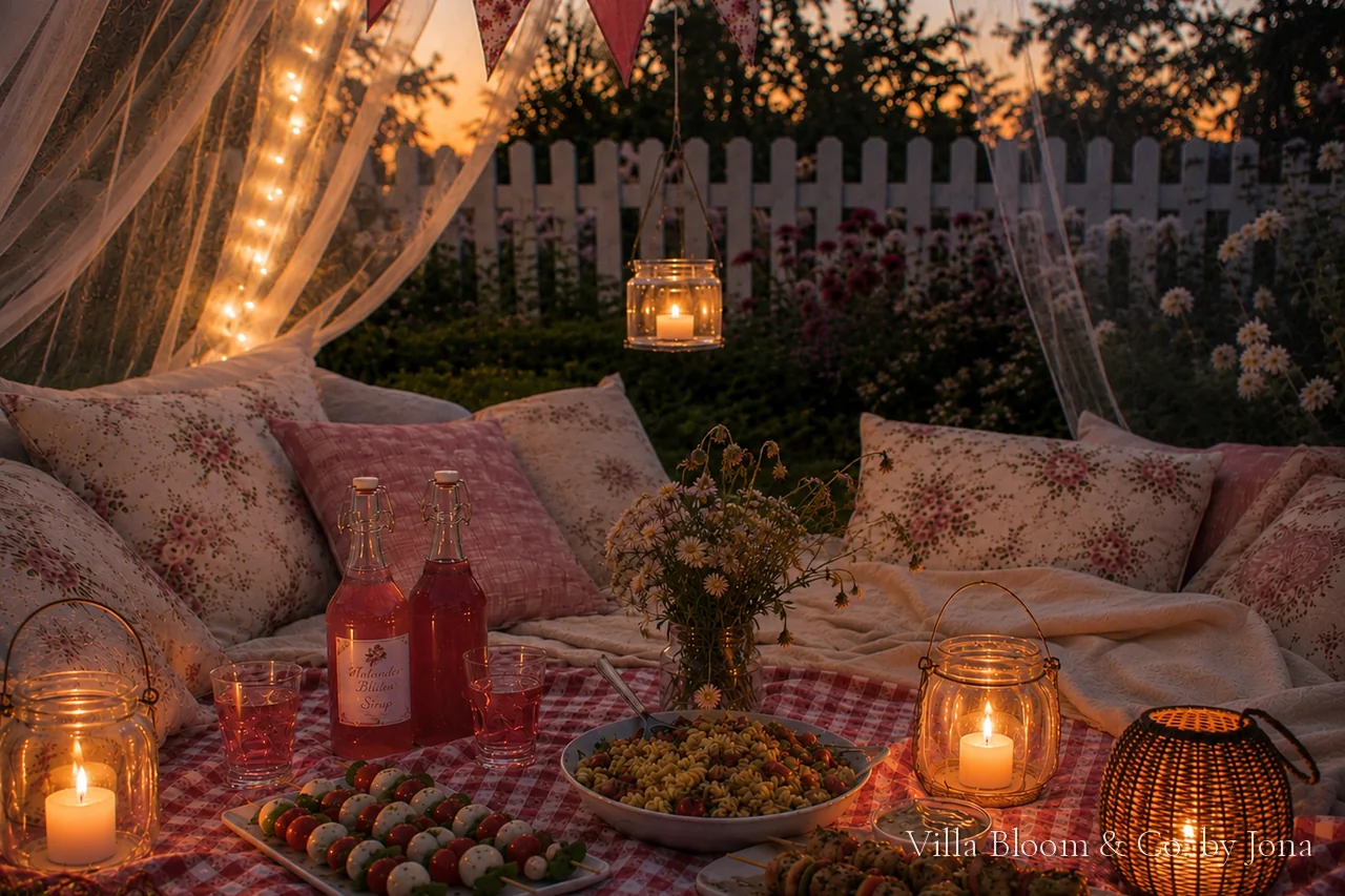 Picknick in der Abenddämmerung mit Lichterkette, Laternen, Kerzen, roter Wimpelkette, Sirup, Caprese-Spießen und Nudelsalat auf rot-weiß karierter Decke