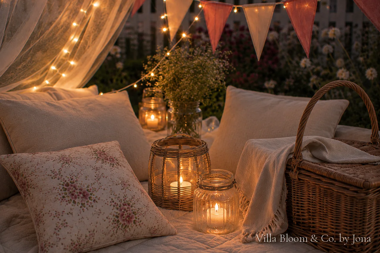 Gemütliches Sommerpicknick in der Dämmerung mit Lichterkette, Windlichtern, Kerzen, geblümten Kissen und Weidenkorb auf einer Steppdecke