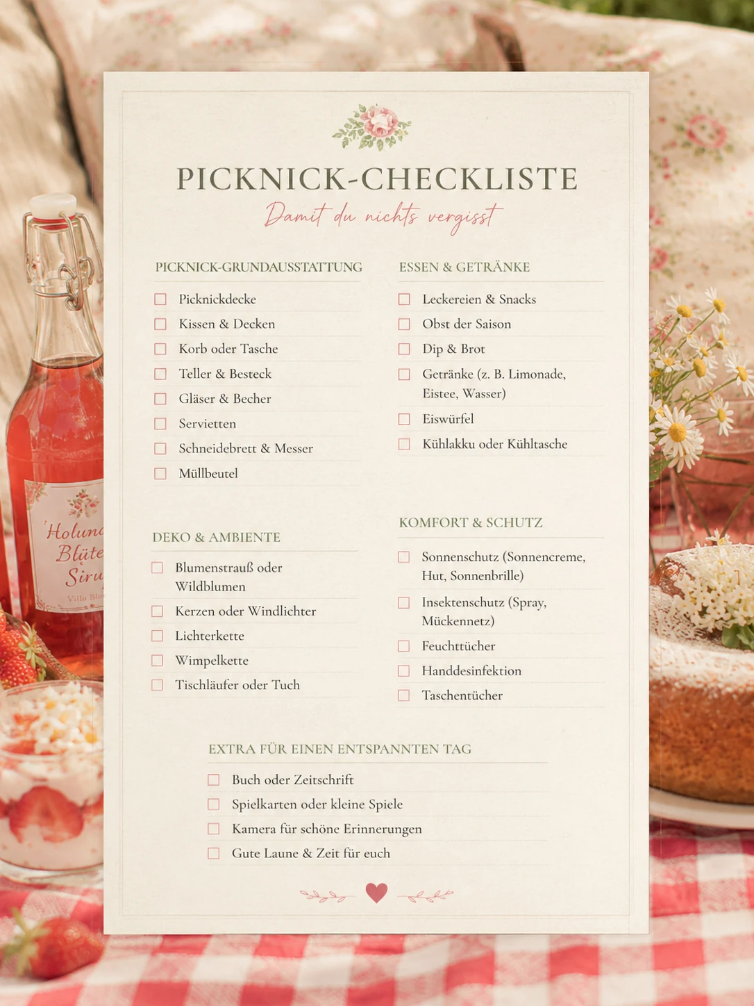 Picknick-Checkliste zum Ausdrucken mit Grundausstattung, Essen und Getränken, Deko, Komfort und Extras