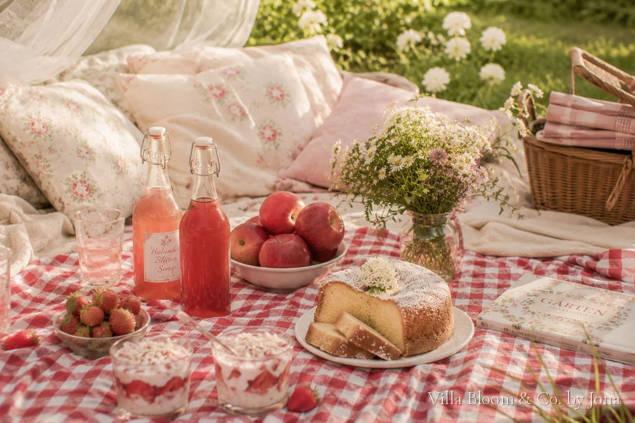 Picknickdecke mit Holunderblütensirup in Flaschen, Erdbeeren, Äpfeln, Gugelhupf und Erdbeerdessert im Glas im warmen Sommerlicht