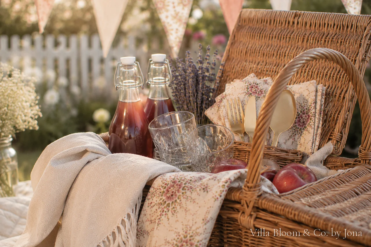 Picknickkorb aus Weide mit Holunderblütensirup in Bügelflaschen, Lavendel, geblümten Servietten, goldenem Besteck und Äpfeln im goldenen Abendlicht