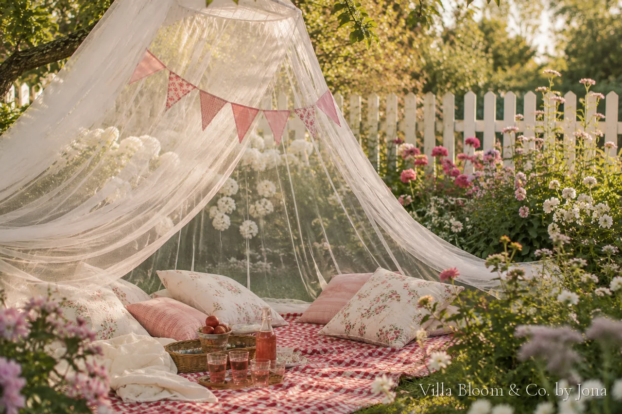 Weißer Mückennetz-Baldachin über einer karierten Picknickdecke im Garten, mit rosa Wimpelkette, Blumen und geblümten Kissen