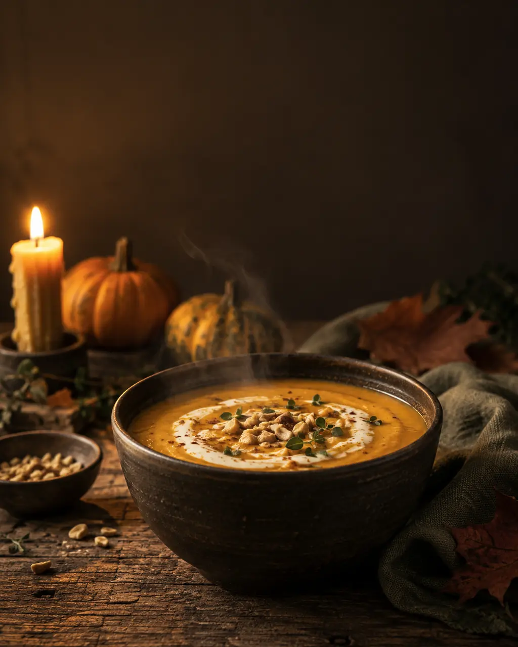 Süßkartoffelsuppe mit Erdnüssen in dunkler Schale – 10 gesunde Herbstrezepte für den Feierabend