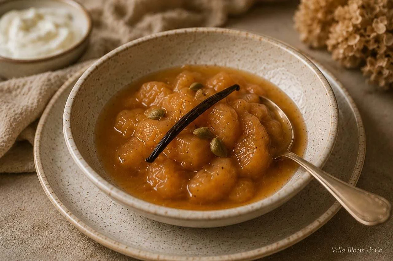 Quitten-Kompott mit Vanille – rosé schimmerndes Quitten-Kompott mit Vanilleschote und Kardamom