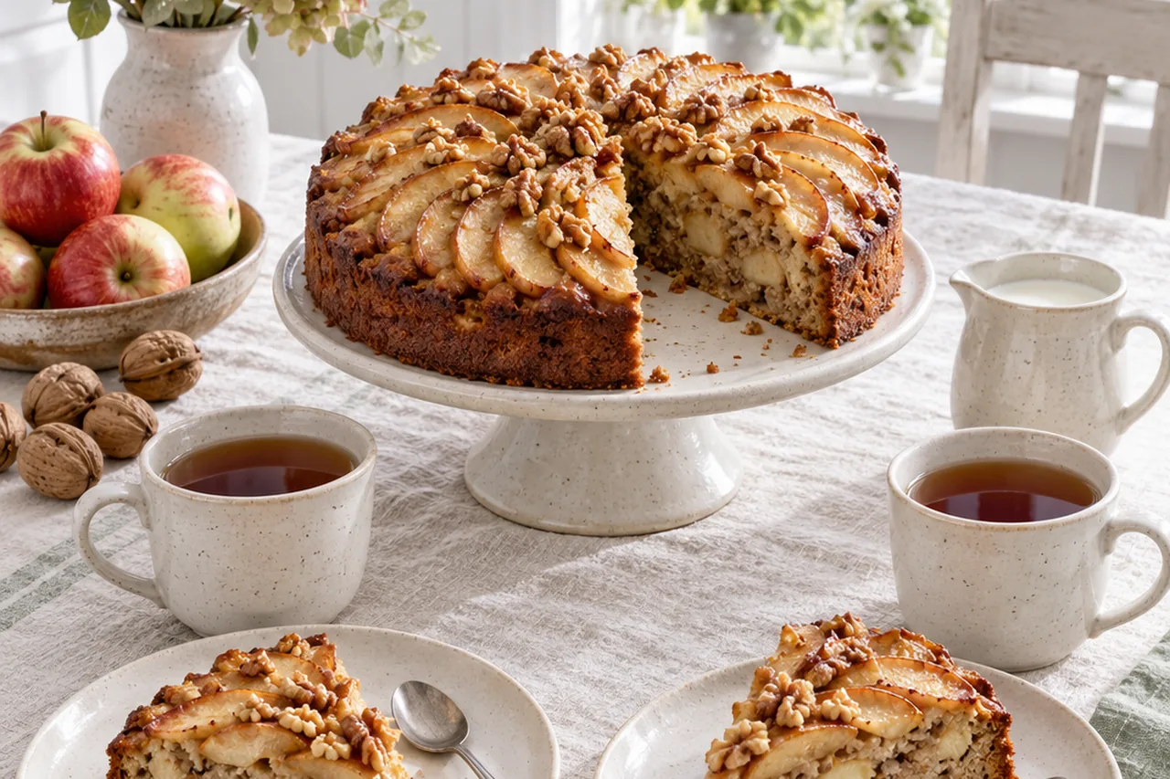 Kaffeetafel mit Apfel-Walnuss-Kuchen ohne Zucker, Tee und Joghurt am Fenster – die Reihe Natürlich süß