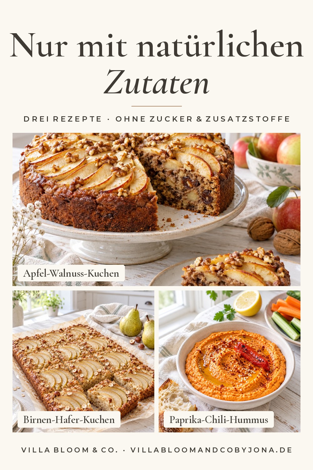 Sammel-Pin der Reihe Natürlich süß mit Apfel-Walnuss-Kuchen, Birnen-Hafer-Kuchen und Paprika-Chili-Hummus