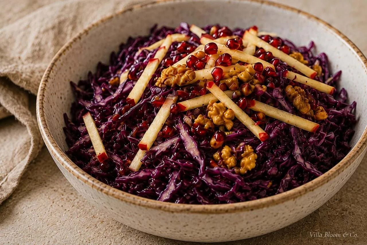 Rotkohl-Apfel-Salat mit Granatapfel – tiefvioletter Rotkohlsalat mit Apfelstiften, Walnüssen und Granatapfelkernen