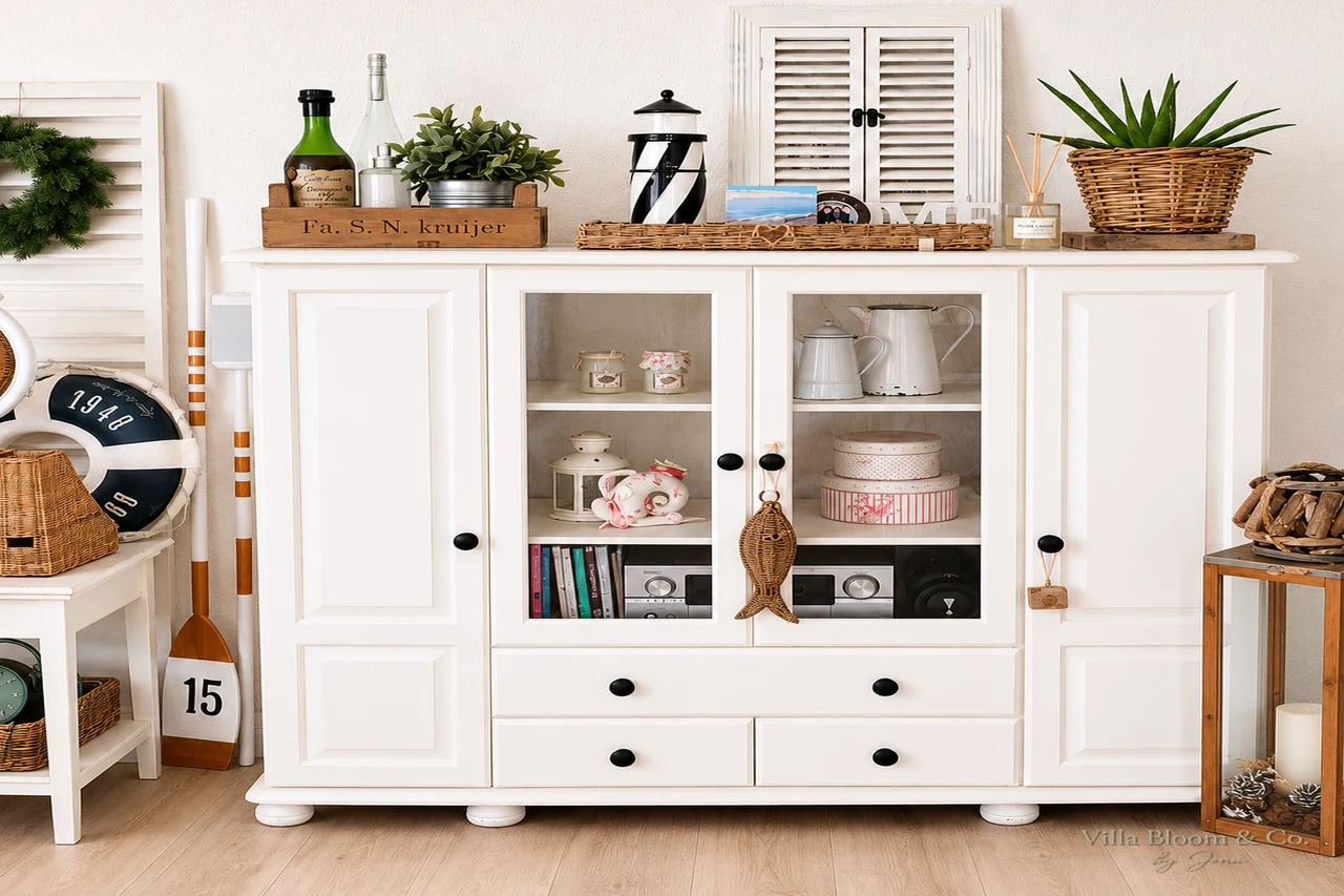 Weißes Sideboard im Landhausstil mit Glasfronten, Leuchturm und Rattankörben
