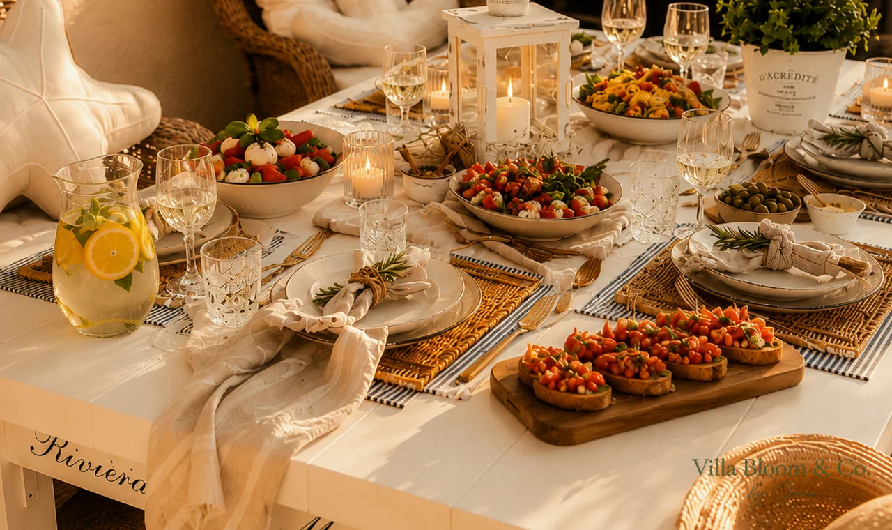 Sommerlich gedeckte Tafel im goldenen Abendlicht mit Salaten, Bruschetta, Zitronenwasser und Kerzen