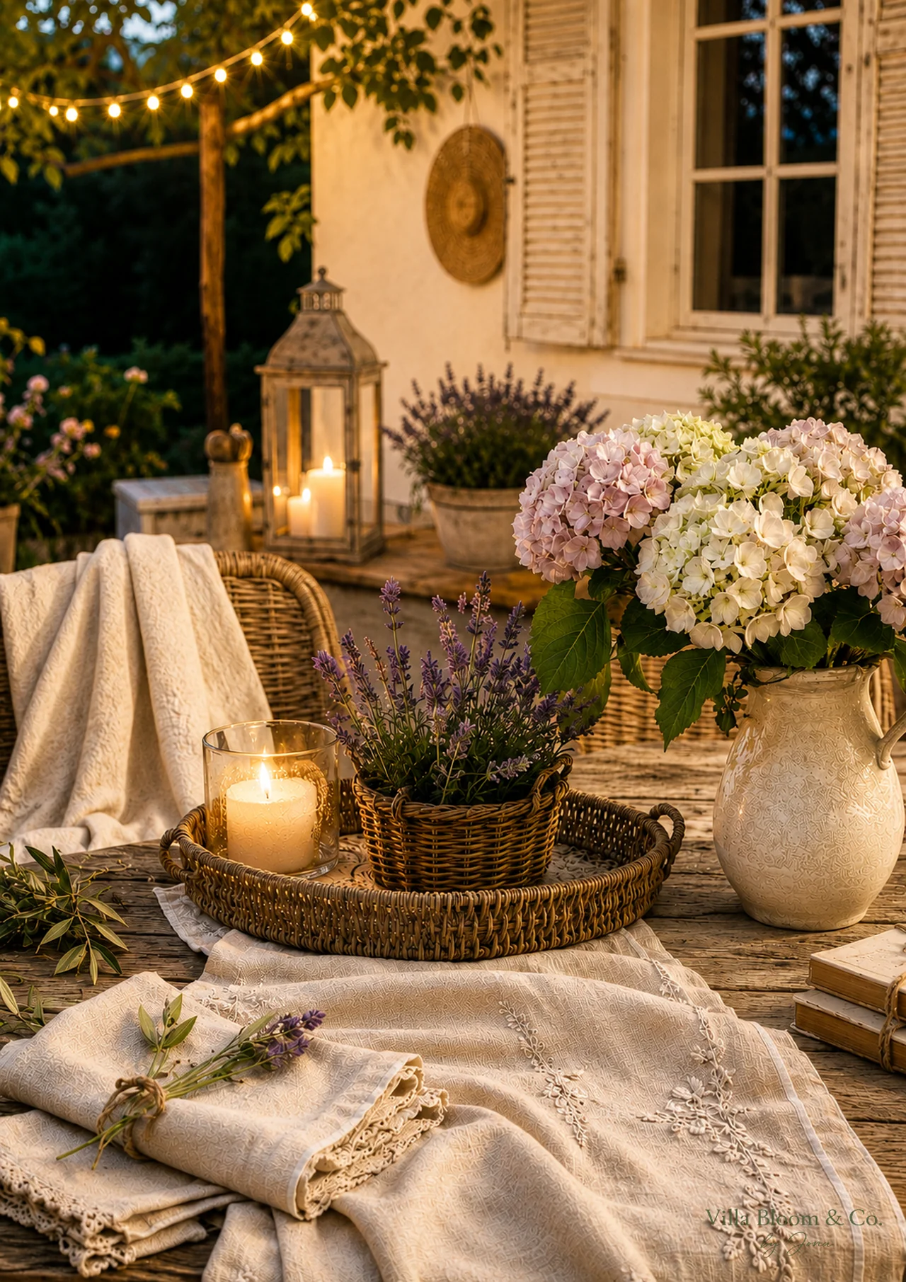 Still life in warm evening light with pink and white hydrangeas in a vintage cream pitcher, lavender in a basket and a wax candle on a rattan tray