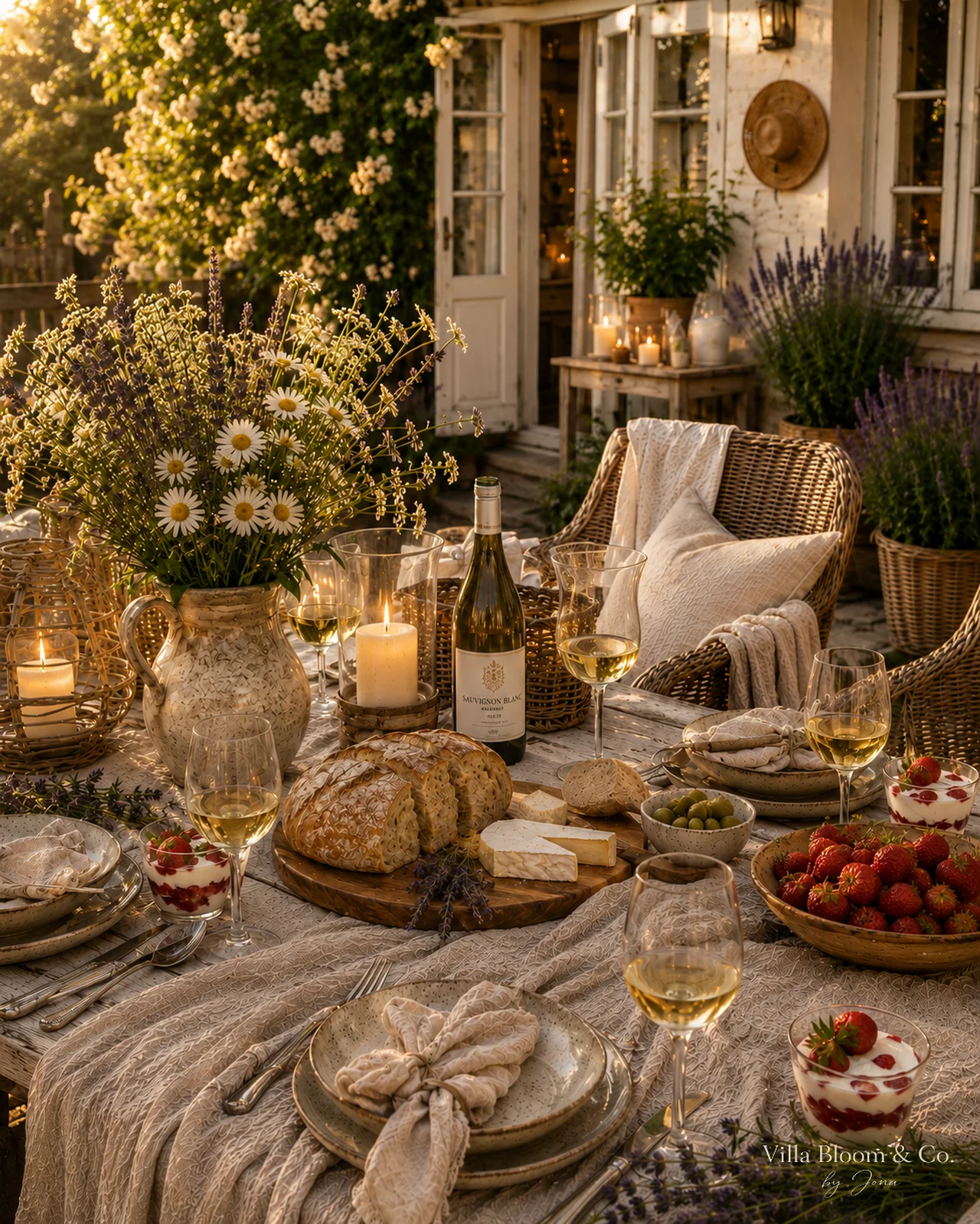 Collage of six scenes from a romantic summer evening