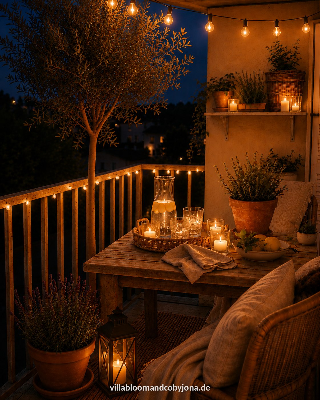 Balkon am Abend mit warmer Lichterkette am Geländer, vielen Kerzen, Laterne und Zitronenwasser in stimmungsvoller blauer Stunde