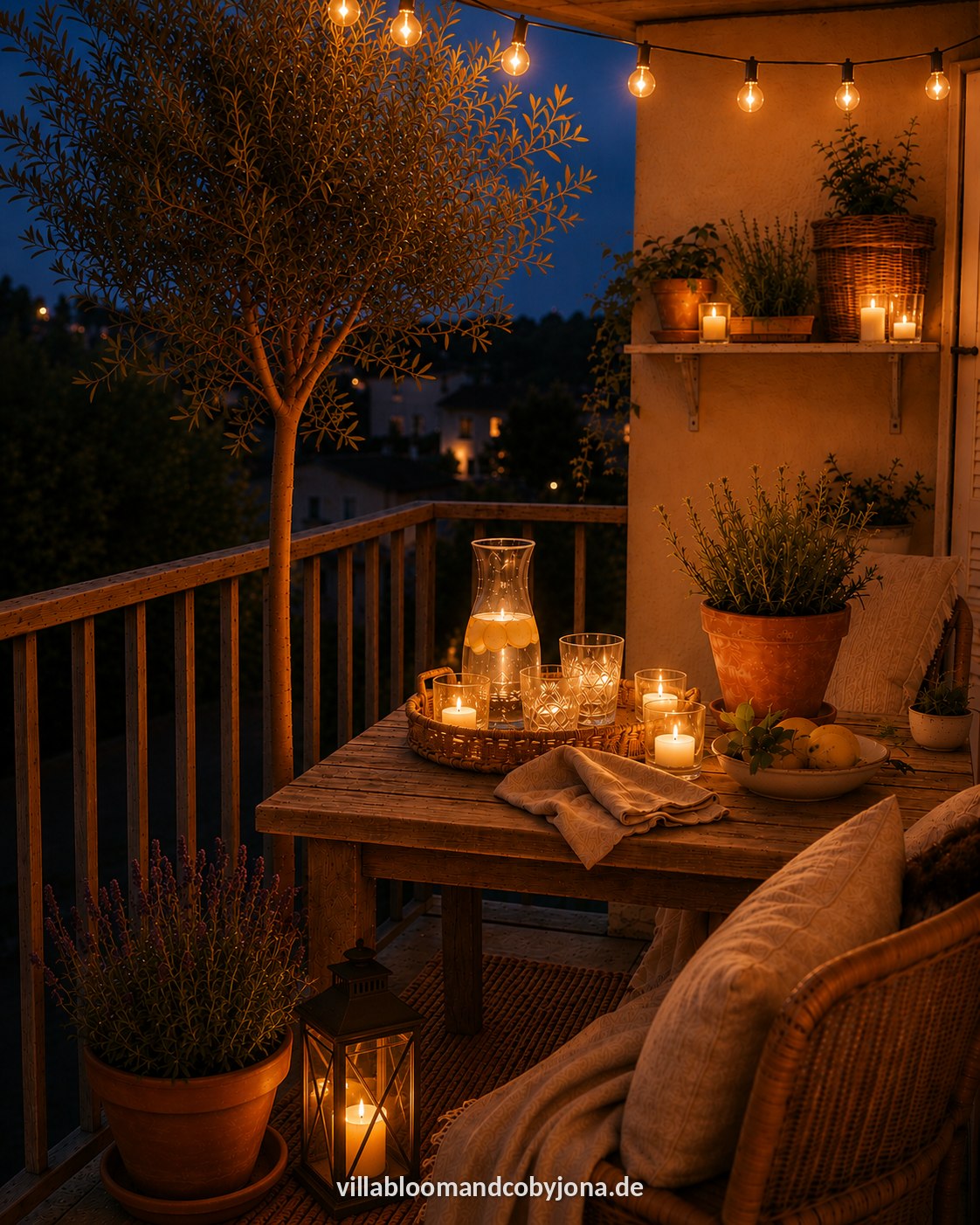 Kleiner Balkon im Landhausstil mit Olivenbäumchen, Lavendel, Zitronenwasser und Lichterkette in der Abenddämmerung